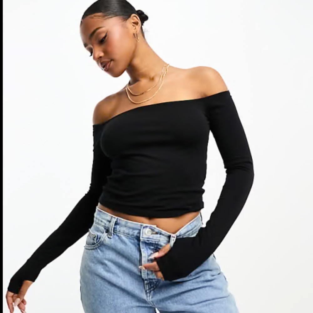 Monki off the shoulder long sleeve top in black